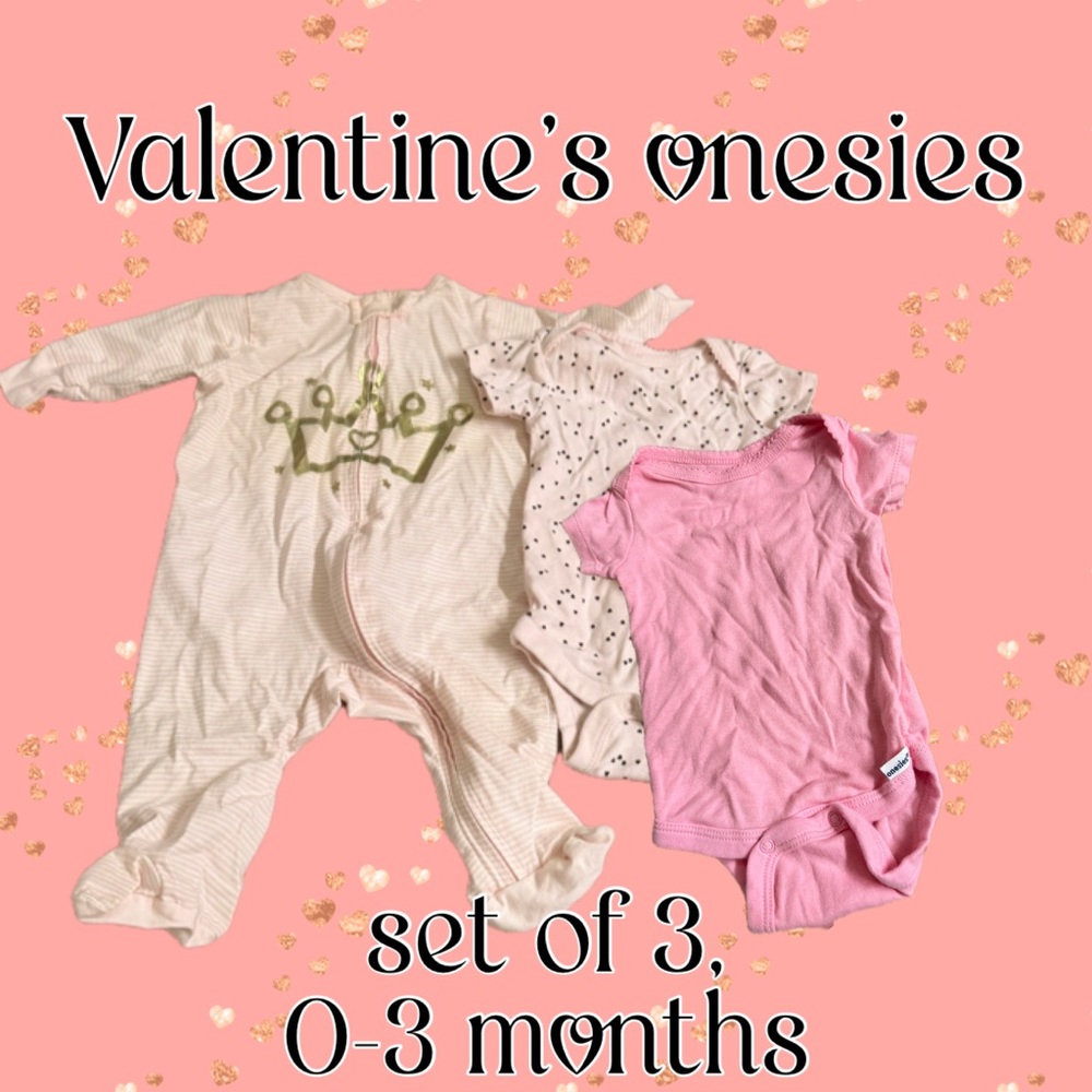 Gerber Pink Valentine Bodysuit Onesies, set of 3 - 0-3 months